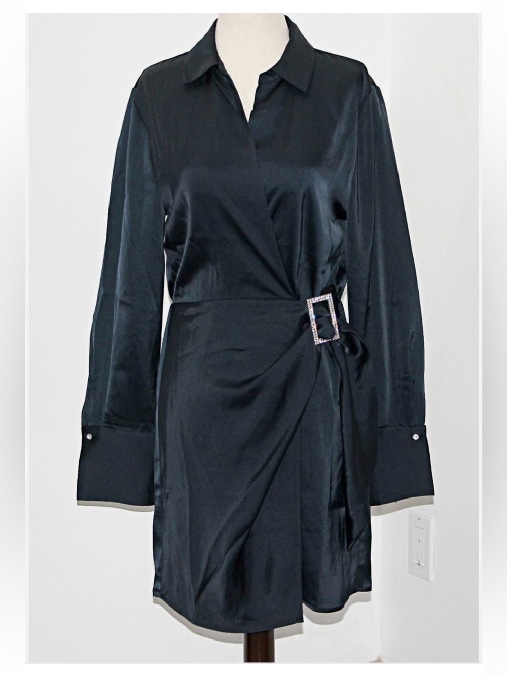 House of Harlow 1960 Black Satin Wrap Mini Dress with Buckle Accent